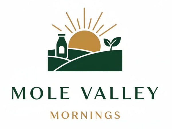 Logo for Mole Valley Mornings with a sun, bottle, and fields design on a white background.
